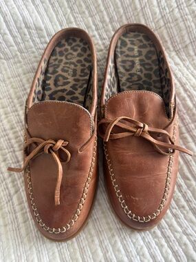 Free People Tan Leather Bow Moccasin Loafers with Leopard Lining